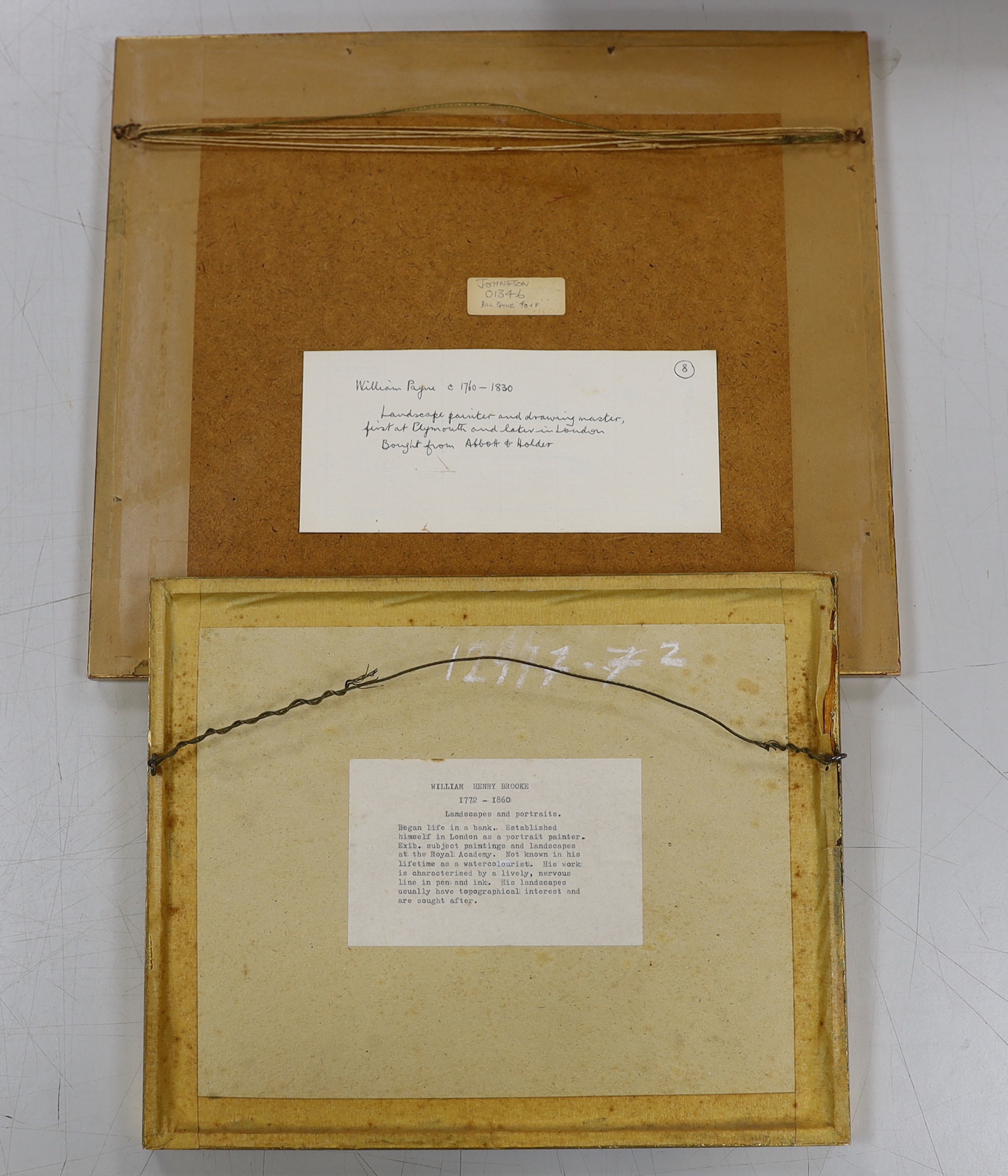 Two sepia ink and watercolours comprising Henry William Brooke (1772-1860) and William Payne (c.1760-1830), one inscribed verso 'Bought from Abbott & Holder', largest 15.5 x 22.5cm